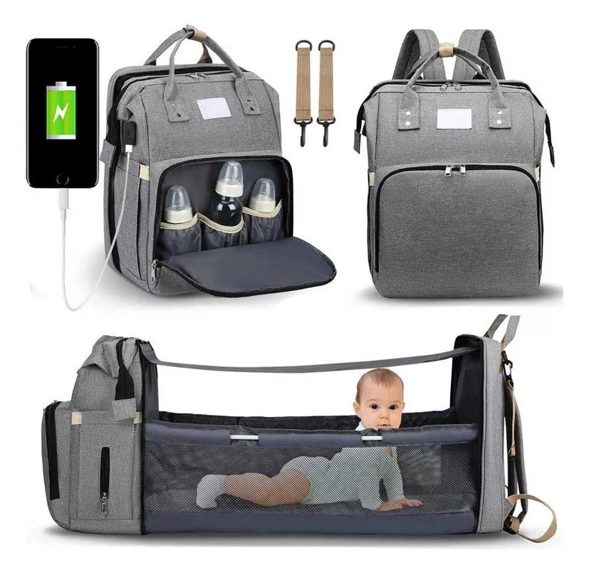 Pañalera Cuna Mudador 3en1 Gris – Mochila Multifuncional para Bebé