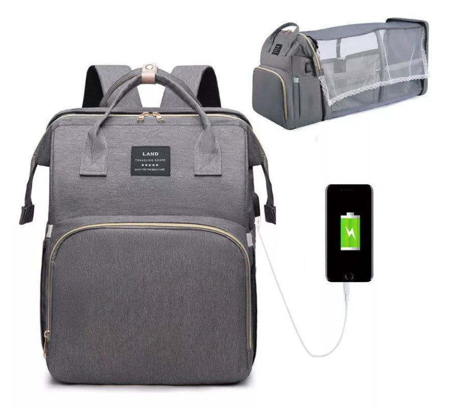 Pañalera Cuna Mudador 3en1 Gris – Mochila Multifuncional para Bebé