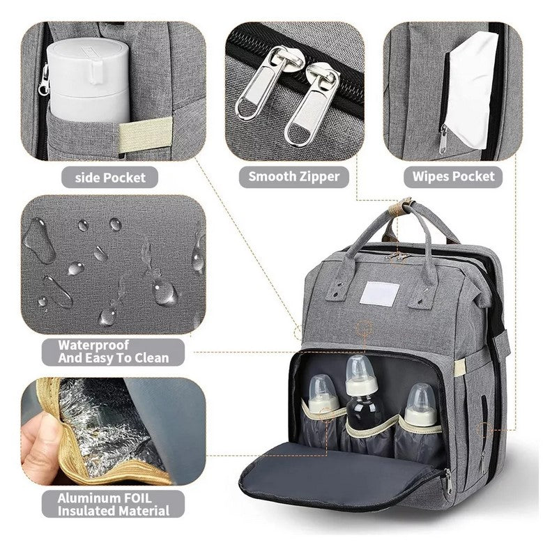 Pañalera Cuna Mudador 3en1 Gris – Mochila Multifuncional para Bebé