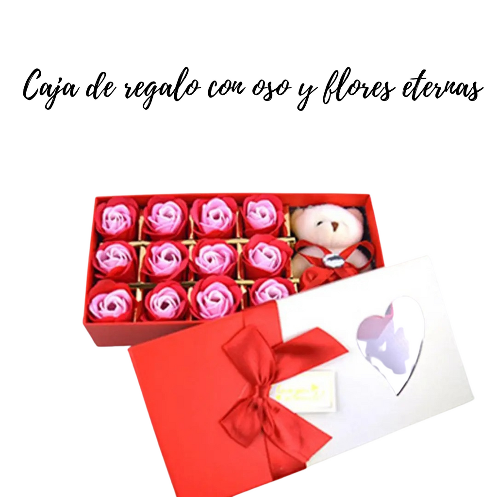 Caja de Regalo con Oso y Rosas Eternas — Regalo Romántico para Ella