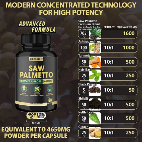 Suplemento Salud Prostática Saw Palmetto 4650mg — 120 Cápsulas Veganas