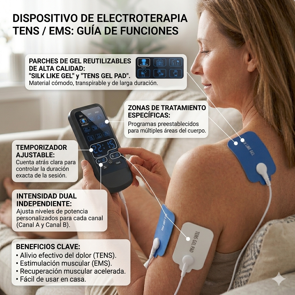 Masajeador Eléctrico TENS/EMS Portátil — Alivio del Dolor y Tonificación Muscular