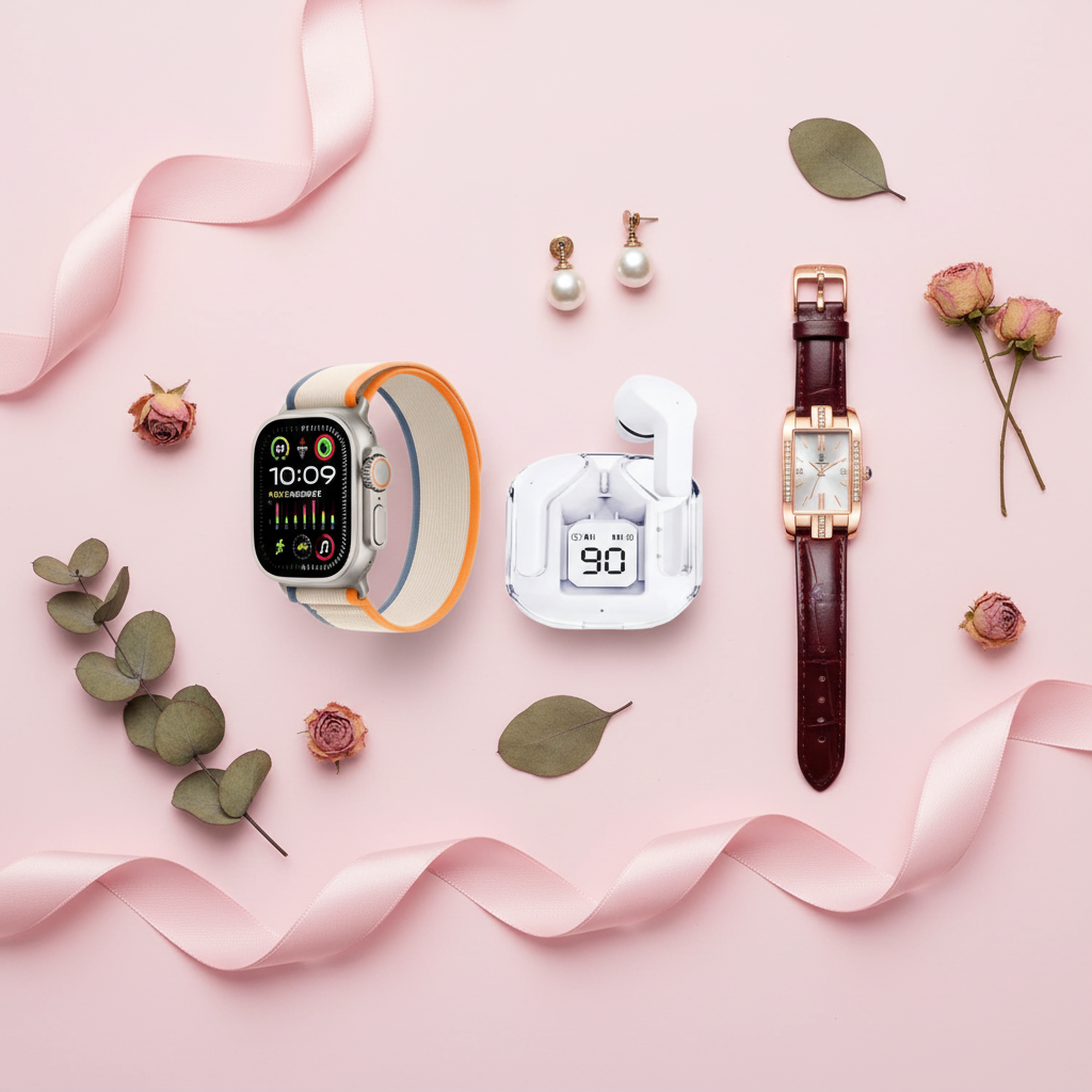 Flat lay femenino kit smartwatch reloj analógico