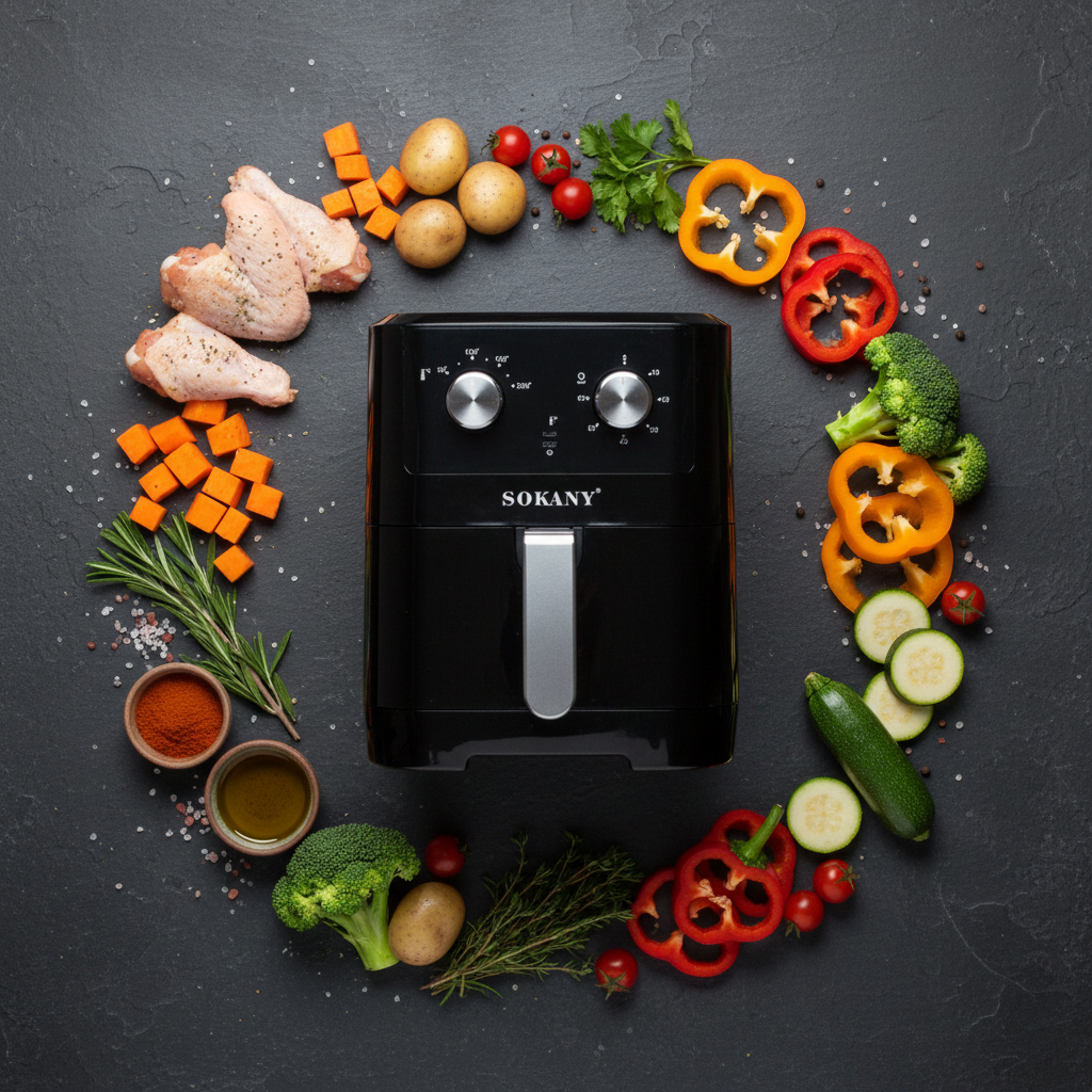 Flat lay freidora aire con alimentos