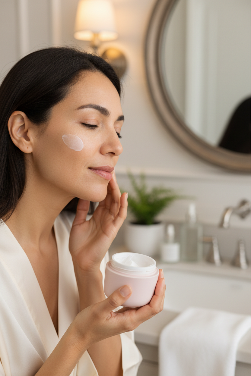 Mujer latina aplicando crema de colágeno