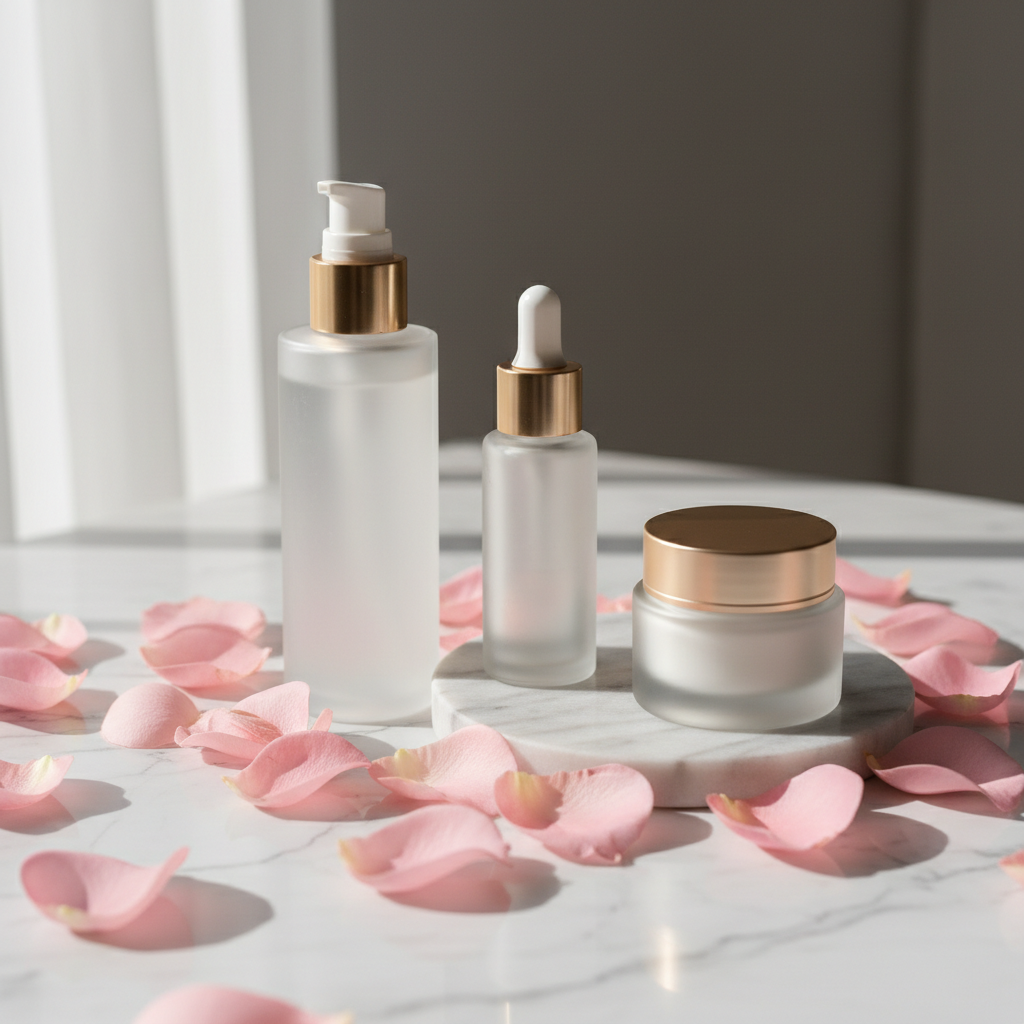 Set facial colágeno 3 piezas sobre mármol con rosas