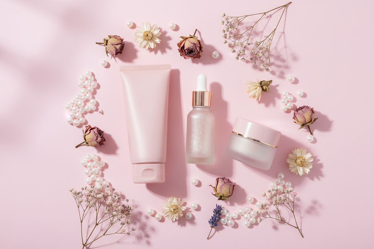 Flat lay set facial colágeno estético femenino