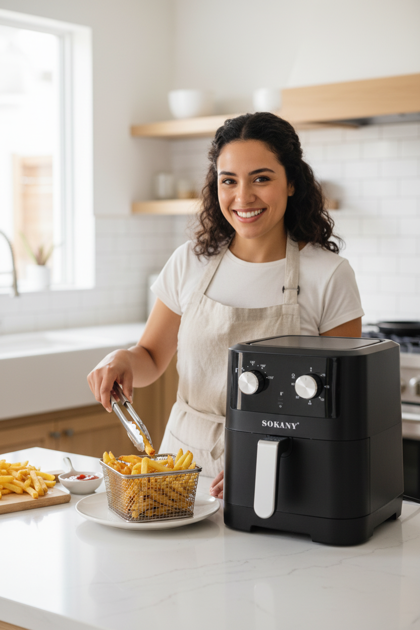 Mujer cocinando con freidora Sokany
